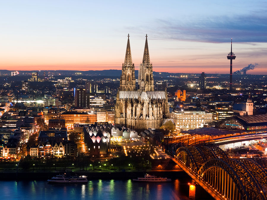 Cologne. Cologne Cathedral. Aerial Cologne, Germany. Roman Catholic church on the Rhine river by Hohenzollern Bridge (right), eclipses all other historic buildings. Largest Gothic church in northern Europe. UNESCO World Heritage site, Gothic architecture